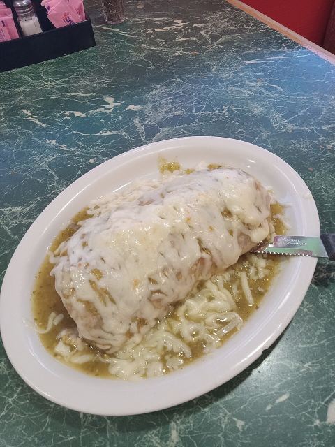 Representative photo: Mexican Food vegetarian green Salsa Burrito with Bell pepper onion sour cream and lettuge inside 20260504 154956 (6). Not this venue.