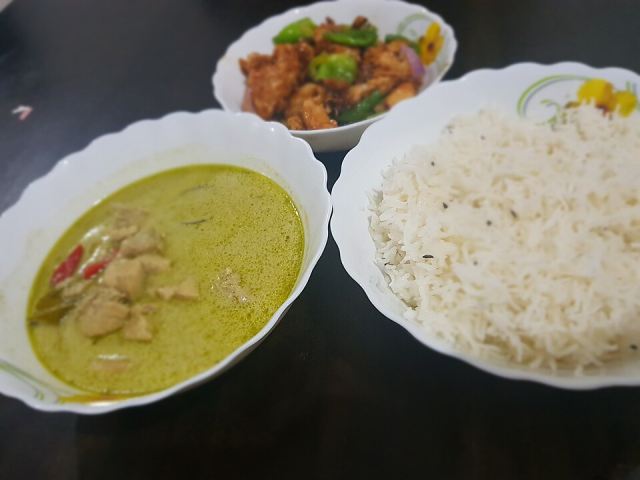 Representative photo: Thai Green Curry,JasminRice,Chilli Basil Chicken , HomeMade. Not this venue.