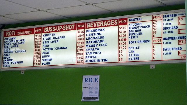 Representative photo: Karamath Roti Shop Menu- San Fernando, Trinidad and Tobago. Not this venue.
